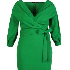 New Sexy Boohoo Emerald Green Puff Sleeve Dress 1X
